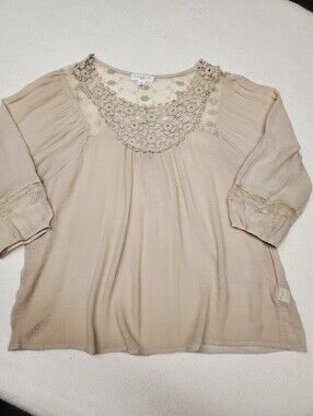 Studio JPR Beige Boho Top Crochet Lace Yoke 3/4 Sleeve Gauzy Size L Cottage